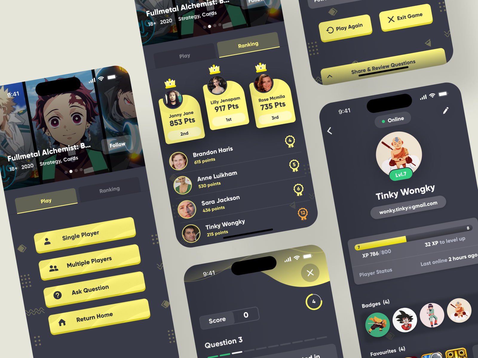 Quiz Game UI Design brainstorm dark theme education app game app game design game ui gamification leaderboards learning app learning gamification quiz app mobile app design mobile education modern poll quiz app quiz game quizzes score trivia app ui design