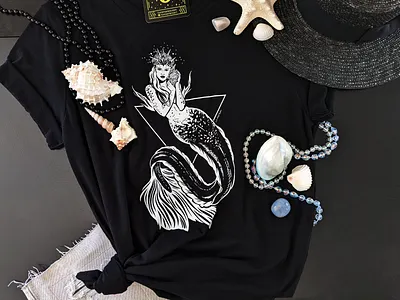 Elemental Siren | Lizzie M. Press | Unisex Tee beach day beach t shirt black mermaid top brand illustration brand illustrator dark feminine goth mermaid goth tee mermaid illustration mermaid top mermaidcore mermaidcore clothing mythical creature sea creature sea witch seashell illlustration siren spooky clothing water elemental
