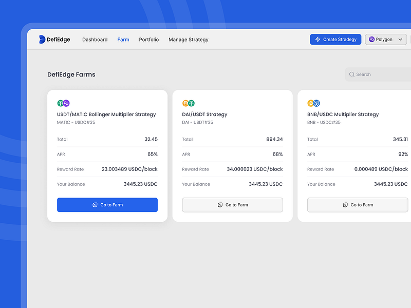 Strategy card UI for DeFi cards crypto defi defiedge farm farming illustration money polygon solana tvl ui usdt ux web3