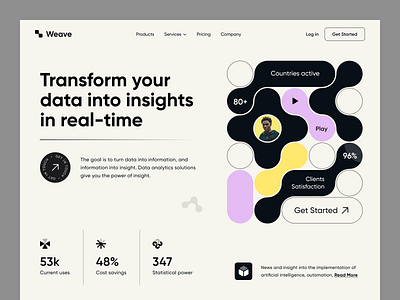 Weave - Data Analytics Landing Page ai analytics animation b2b b2c data design homepage illustration landing page minimal najmul popular shot saas social media software visual design web design webflow website