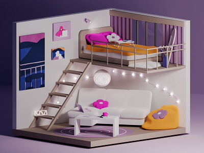 3D Room — Pink dreams 3d 3droom bed cg cinema4d dreams flowers mirror picture pillows pink rozov sofa visualisation wnbl