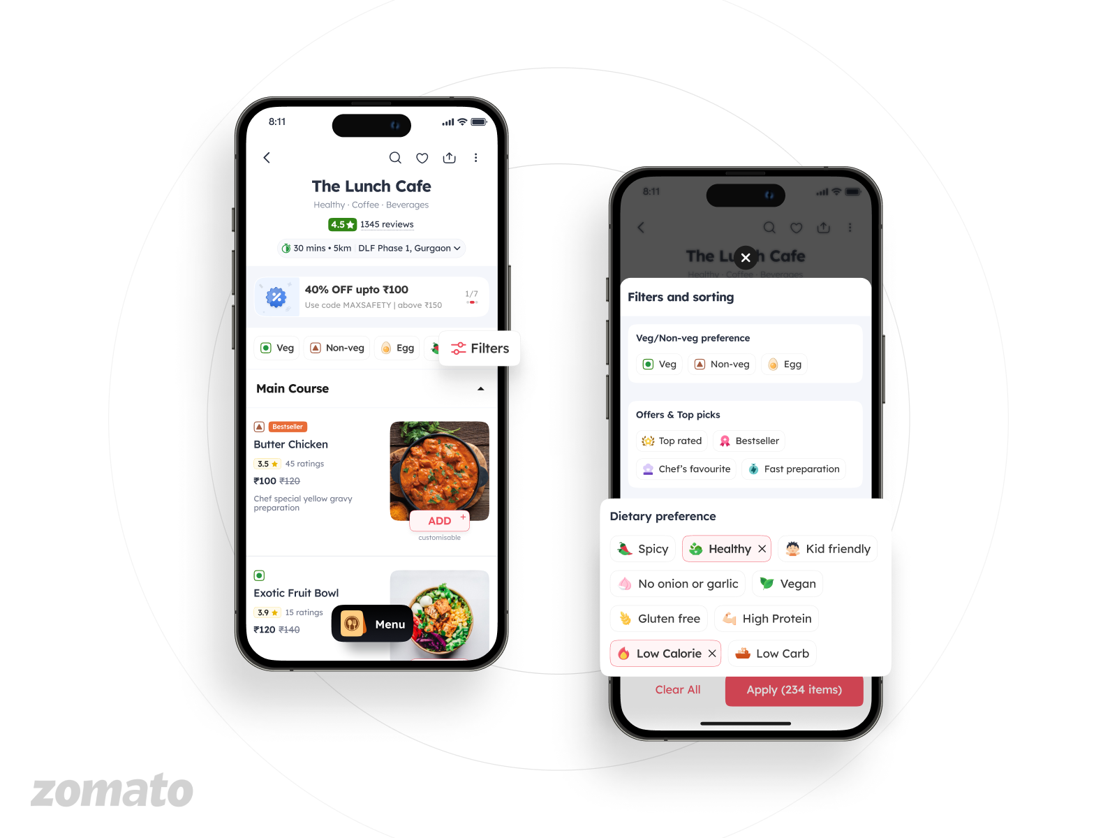 Smart Filters: Delightful Dish Discovery animation app design dietary preferences filters food health icons menu minimal order ui ux zomato