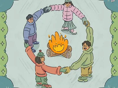 Core Group Illustration best friends buddies camp fire core group editorial illustration friends friendship holding hands illustration winter