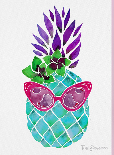 Watercolor Version - Sassy Pineapple w/ Sunglasses - Blue animal art branding design designer graphic design illustration logo