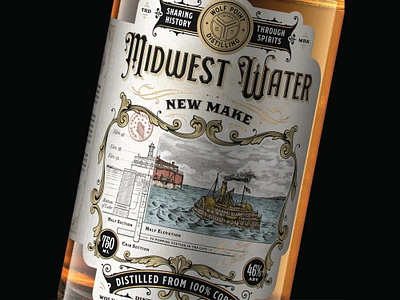 Midwest Water Corn Whiskey bottle bottle design brand identity branding design etching graphic design illustration inking label labeldesign logo logo design packaging packaging design stamp vector vintage vintage label