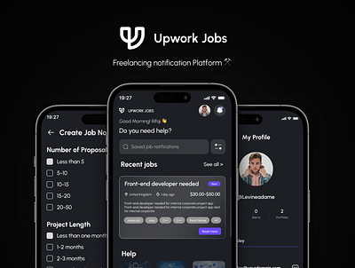 Upwork Jobs App design and branding 3d app branding dark design graphic design illustration logo theme ui