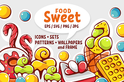 Vector icons, patterns, frames, wallpapers, sets Sweet and Candy bakery clipart branding cake cartoon clipart comicart cupcakes design donut food graphic design ice cream line logo lollipop meal menu pie stickers waffle
