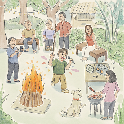 Family Illustration: Karaoke at the Farm cozy family farm illustration karaoke music warm watercolor