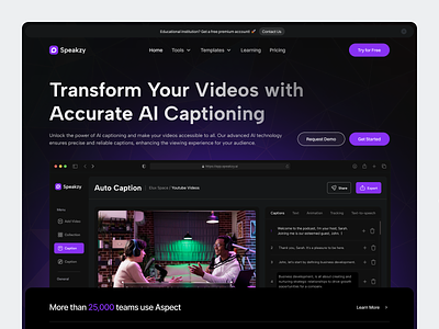 Speakzy - AI Copywriting Hero Section adobe firefly ai caption ai generator artificial intelligence auto caption automate video caption generator component dashboard gpt 3 hero section machine learning podcast product saas subtitle video video editor video generator video timeline