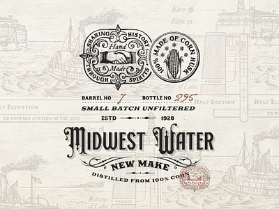 Midwest Water branding stamps american brand identity branding classic etching graphic design hand drawn handcrafted illustration logo logo design logo designer logo designs rustic stamp typeface typography victorian vintage
