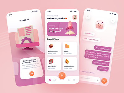 Super AI - Chatbot App 3d app app design artificial intelligence chat app chat gpt chatbot clean design illustration mobile mobile app mobile design open gpt salung smooth ui ui design ui ux ux design