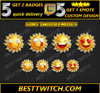 Cute Suns twitch chat emotes ! BestTwitch 3d animation best twitch badges branding design graphic design illustration logo motion graphics new badges sub badges ui