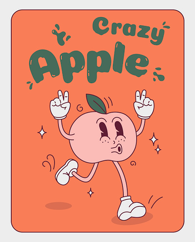 Groove poster with apple. apple cartoon clipart crazy emotions face fruit fun funky groovy illustration juicy nature orange peace poster retro shine vintage walking
