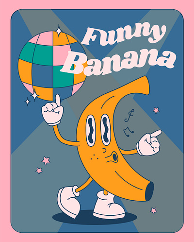 Groove poster with banana. banana cartoon club dance disco discoball emoticon face fruit fun groovy happy illustration night notes shine sining stars vibrant vintage