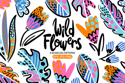 Wild flower. Set of 8 seamless patterns abstract design fabric flowers folk graphic design illustration pattern seamless vector