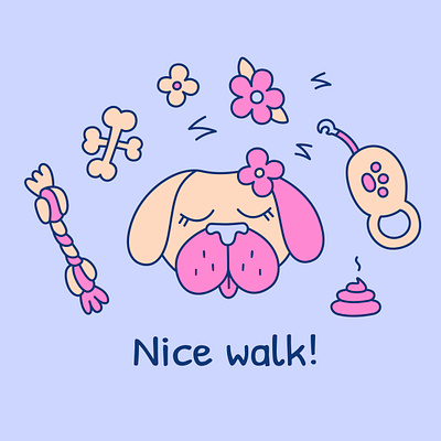 Illustration "Pug on a walk". animal bone breed care cartoon cover cute dog doodle face flowers grooming illustration outline pet poo pug purple toy walk