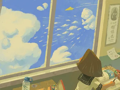 Wandering childhood classroom clouds girl illustration ultraman