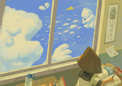 Wandering childhood classroom clouds girl illustration ultraman