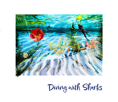 Diving with Sharks blue coral fish illustration red fish sharks yellow