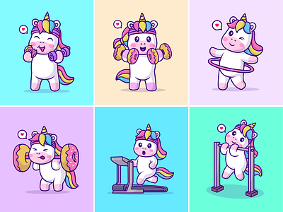 Unicorn Gym🦄💪🏻🏋🏻‍♀️ activity animals cartoon cute doughnut exercise fitness gym health horse icon illustration jogging logo ponytail rainbow ring sport unicorn workout