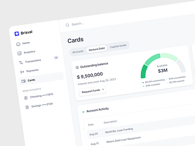 Brisval SaaS dashboard – banking for startup balance bank banking cards cash chart dashboard dashboard app finance financial funds graph loan npw product product design purple saas startup venture