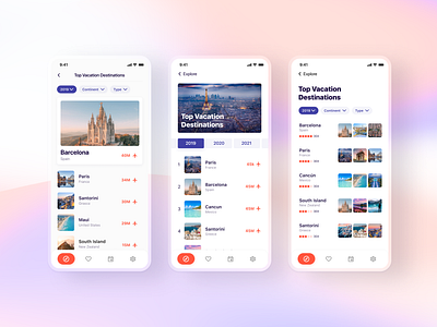 Top Vacation Destinations Iterations app design destination discover discover page flat gradient iterations minimal mobile planner ranking shift nudge shiftnudge top destinations travel travel plannner typography ui vacation