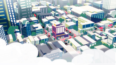 "Cityscape in Perspective: A Bird's-Eye View" 2.5d 2d 2d illustration animation art birds eye view buildings city city view cityscape clouds colors design illustration inspiration landscapes