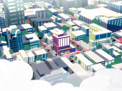 "Cityscape in Perspective: A Bird's-Eye View" 2.5d 2d 2d illustration animation art birds eye view buildings city city view cityscape clouds colors design illustration inspiration landscapes
