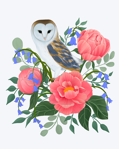Barn owl and pink peonies bird botanical digital art digital illustration flowers illustration owl realistic