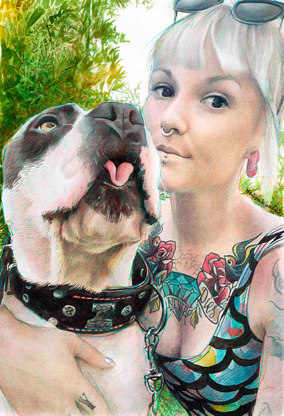 Woman and pitbull portrait acuarela dogdrawing dogportrait pencil pitbull portrait retrato watercolor watercolour
