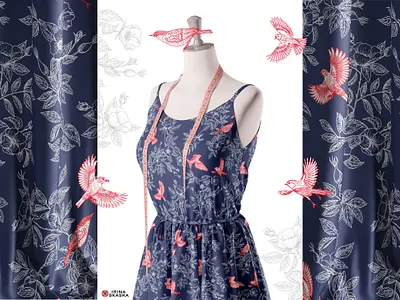 Wild rose and birds in the style of toile de jouy. illustration ornament packaging seamless pattern summer style textile design toile de jouy