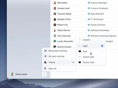 Theme selector contextual menu light / dark application contextual menu dark theme dashboard hr human resources icons interface light theme linear management mobile notion platform popup product design tasks ui ux web design