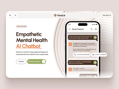 🧠SH freud.ai: Mental Health AI Chatbot Website | Homepage UIUX ai animation app chat chatbot dashboard health healthcare landing page light machine learning mental health mindfulness ui ux virtual assistant virtual care web design website wellness