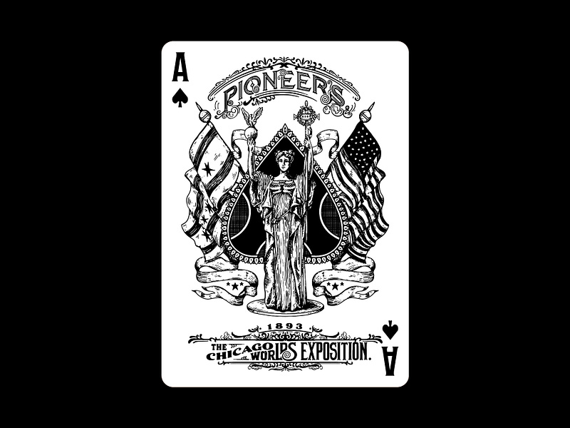 Pioneers Playing Cards - Ace of Spades 1800s ace america branding chicago exploration flag graphic design hand drawn hand lettering illustration logo pioneer playing cards product design spades typography victoriana vintage worlds fair