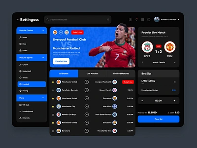 Sports betting Website UI 999watt bet betting blue branding buttons dark theme dashboard design football image listing match ronaldo sports teams ui ux web web design