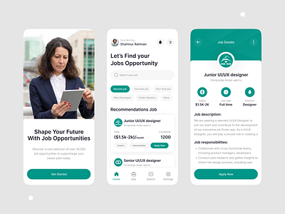 Job Finder Mobile App app design application career clean design graphic design hiring hiring platform job details job finder job listing job platform job search landing page minimalist mobile app popular design recruitment shahinurstk02 uiux design work