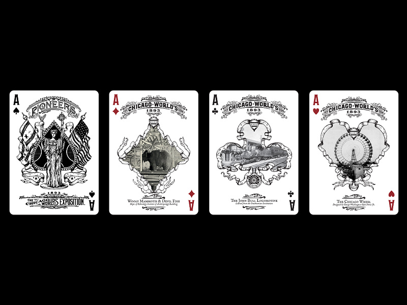 Pioneers Playing Cards - Aces 1800 ace american branding chicago clubs diamonds graphic design hand drawn hearts illustration lettering logo playing cards product design retro spades typography vintage worlds fair