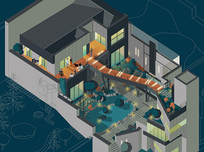 Afra House architecture illustration isometric lighting