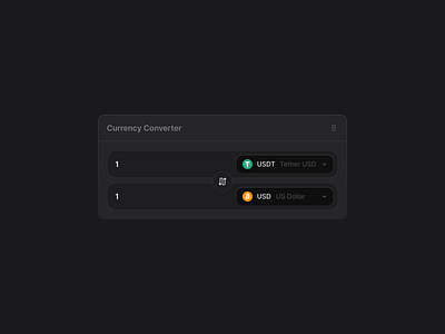 Currency converter widget bitcoin coin convertor crypto crypto widget currency dark mode design system dropdown inputs usdt widget
