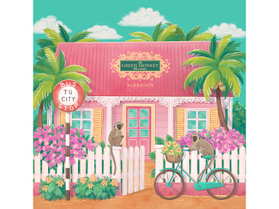 Barbados chattel house. Chocolate packaging and bag illustration ape art barbados bike botanical bycicle chocolate drawing exotic flower home house illustration jungle monkey packaging palm real estate tropical watercolor
