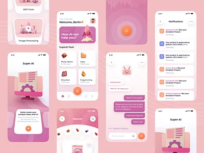 Super AI - Chatbot App more screens app app design app interface designer app ui designer application application design artificial bot branding chatbot design designer mobile mobile app mobile ui mobile ui designer salung ui ui design ui ux