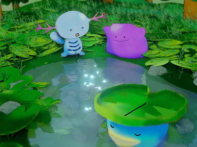 Lake in the forest 3d 3d animation 3d illustration b3d blender blender3d deeppaint ditto forest grease pencil lake leaf lotad pokemon pond watercolor wooper