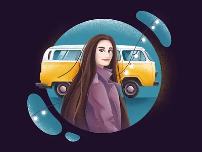 Retro Girl and minivan car character character design female character girl grain illustration long hair magic minivan portrait retro summer woman yellow