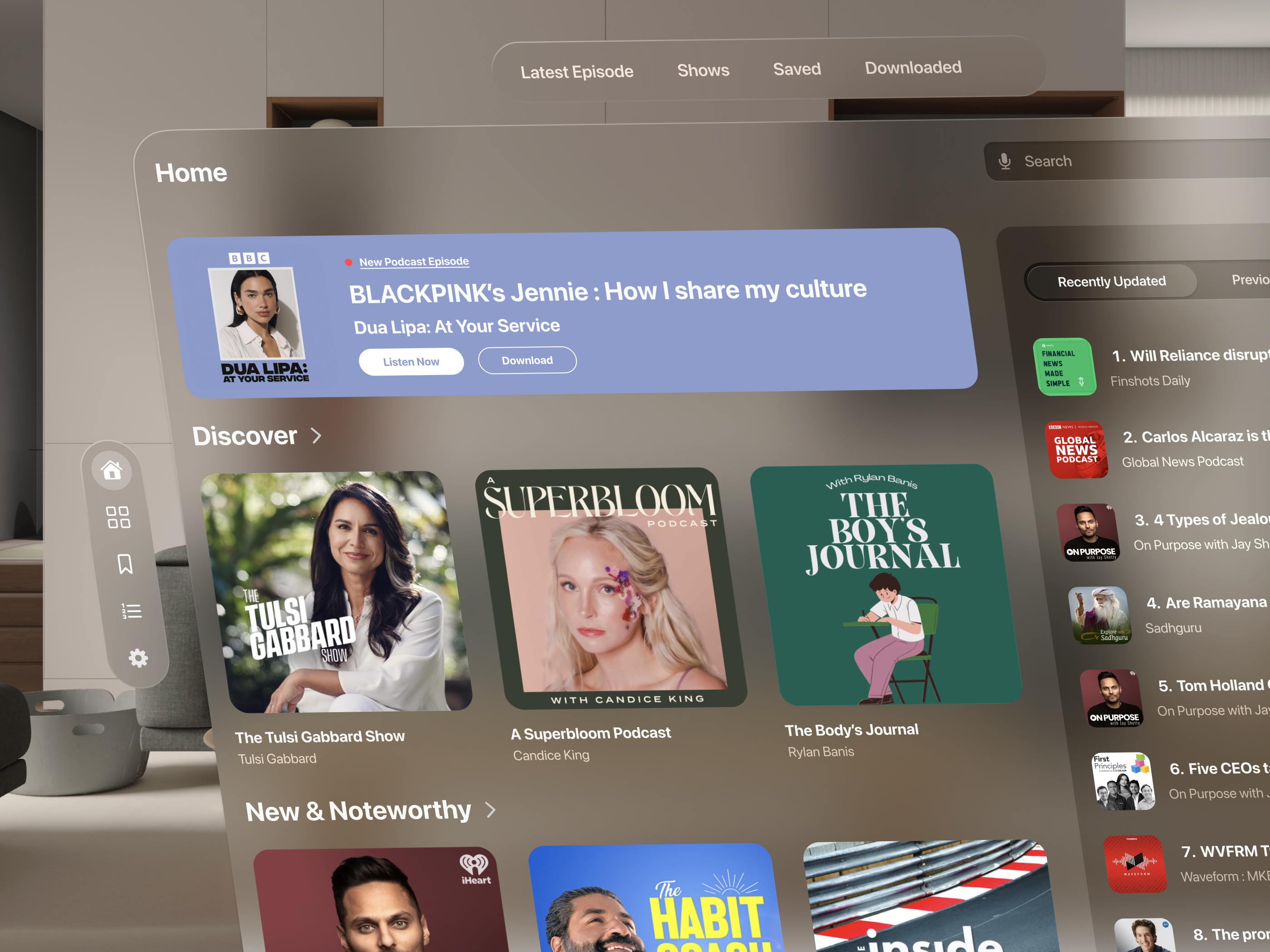 Podcast : Apple Vision Os app apple ar dashboard discover glassmorph mixed reality modern music music player podcast product design spatial ui ui ux vision vision os vision pro vr xr
