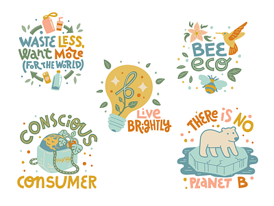 Stickers for Brightly conscious consuming ecology illustration lettering stickers typography vector zero waste