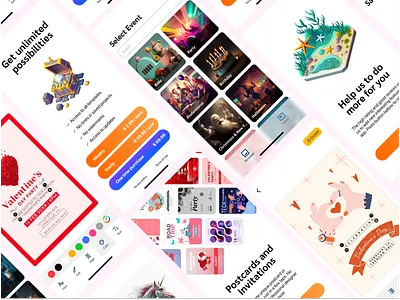 Inivitations and Postcards. Mobile app UI design app application branding clean design graphic design illustration invitations logo mobile postcard ui user interface ux