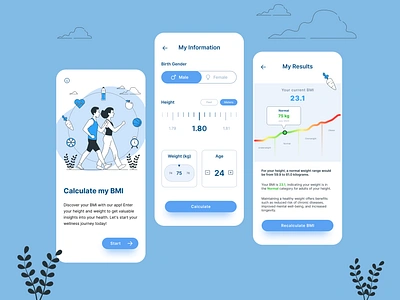 BMI calculator - App UI Design app bmi bmicalculator calculator challenge dailyui dailyui004 dailyuichallenge design fitness health illustration typography ui ux weight