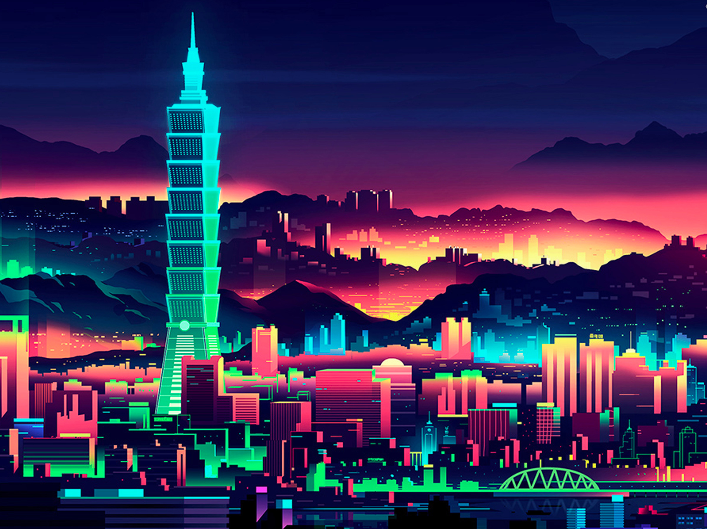 I like architecture. architecture building city cityscape design futur illustration landmark landscape light neon retro skyscraper taiwan trystram