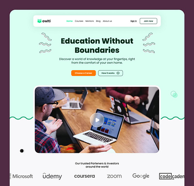 Owlti online education platform coursera e learning education exploration flat design flat ui google landing page modern ui online learning student teacher udemy ui ux web design website