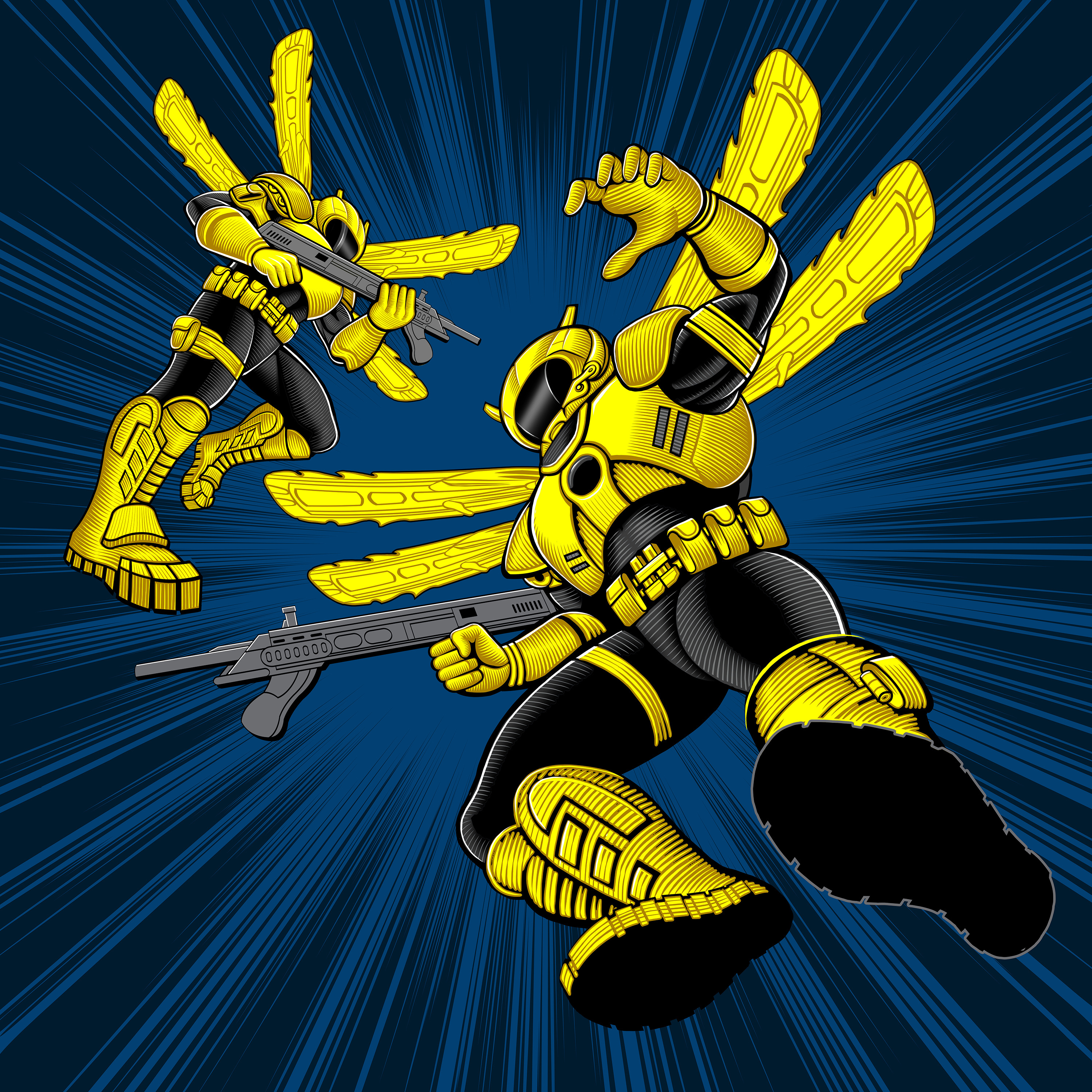 Murder Hornets characters comic book illustration illustrations robot robotic science fiction screenprint silkscreen toy vector vector art